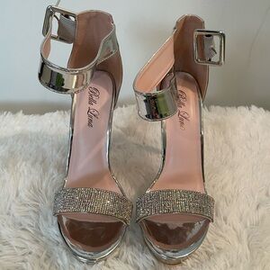 Silver metallic rhinestone strap sandals